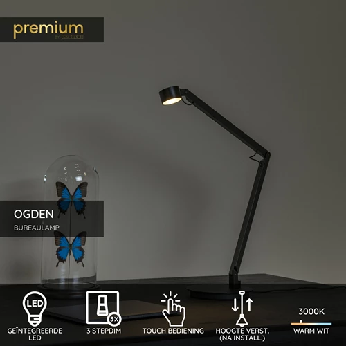 Lucide OGDEN - Bureaulamp - LED 3 StepDim - 1x7W 3000K - Zwart | Premium - USP